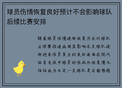 球员伤情恢复良好预计不会影响球队后续比赛安排
