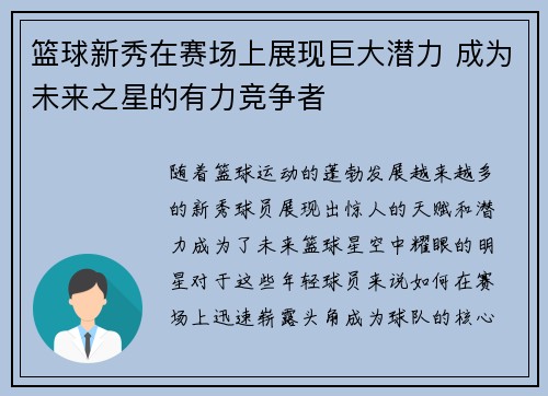 篮球新秀在赛场上展现巨大潜力 成为未来之星的有力竞争者
