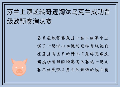 芬兰上演逆转奇迹淘汰乌克兰成功晋级欧预赛淘汰赛