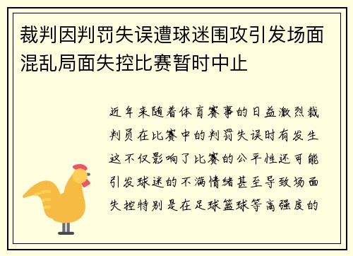 裁判因判罚失误遭球迷围攻引发场面混乱局面失控比赛暂时中止