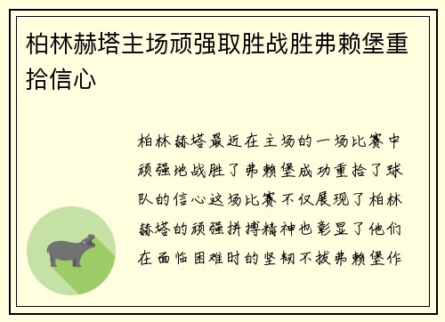 柏林赫塔主场顽强取胜战胜弗赖堡重拾信心
