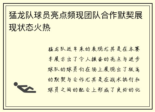 猛龙队球员亮点频现团队合作默契展现状态火热